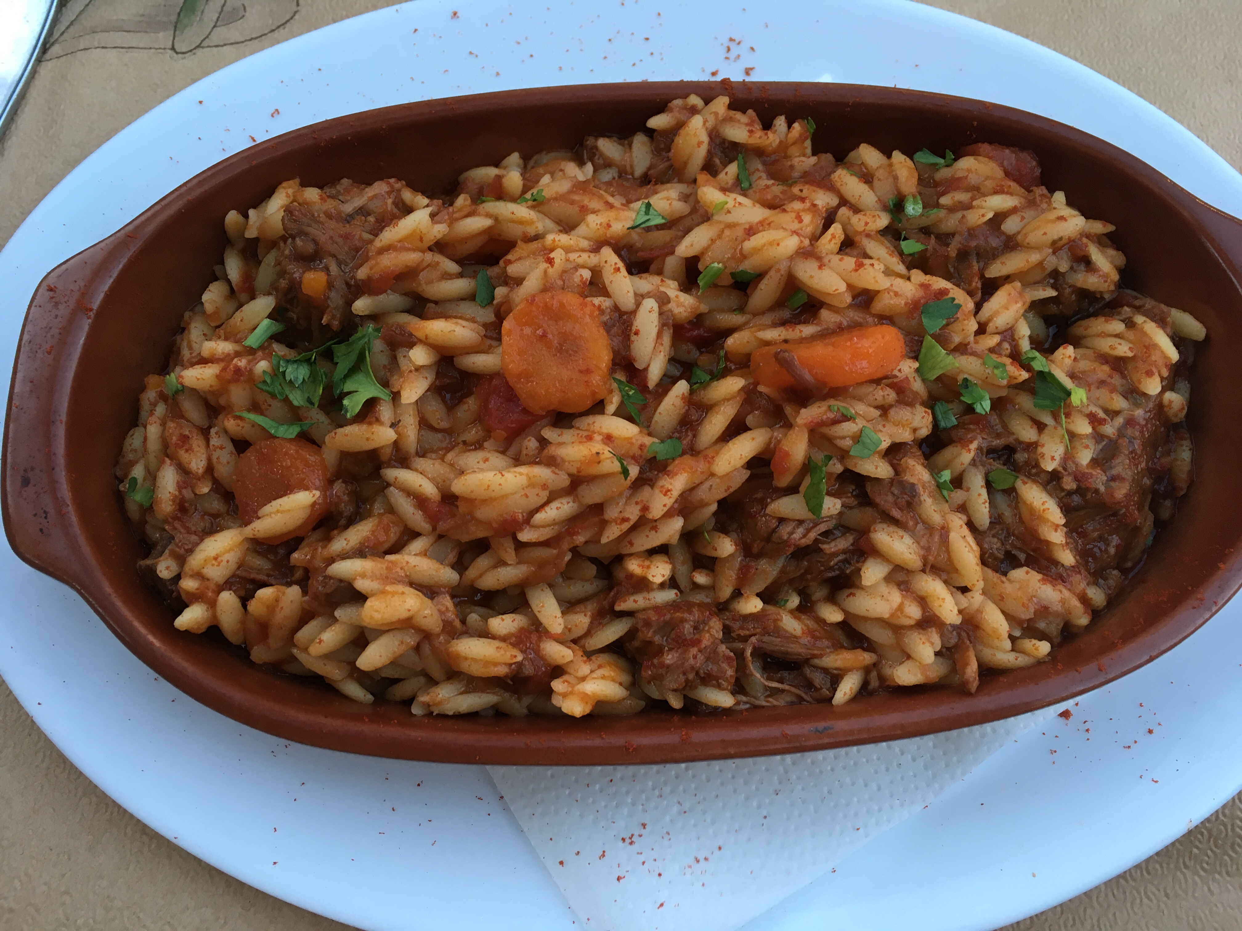 Beef stew with Orzo pasta greek